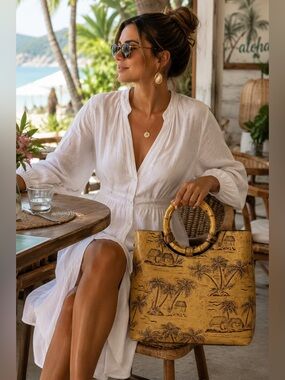 Caribbean Joe Bamboo Handle Tropical Palm Print Tote Resort Handbag